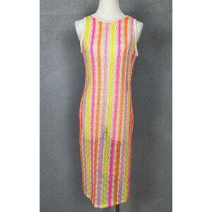 Miken Sleeveless Neon Striped Knit Swimsuit Cover-Up Dress Multi Medium NWT's